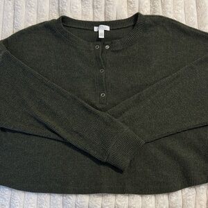 Abound Cropped Brushed Rib Knit Snap Front Henley Pullover Sweater Olive Green